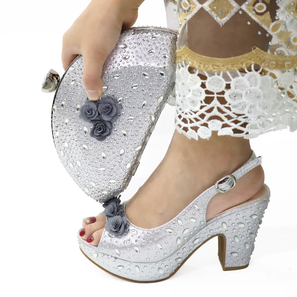 Italian Women Shoes and Bag Set Decorated with Rhinestone In Party African Italian Shoes and Bag Set Party Shoes Bag