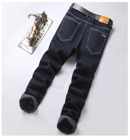 Winter New Men's Warm Blue Black Slim Jeans Classic Style Stretch Slim Fit Thick Pants Fashion Trousers Male Brand