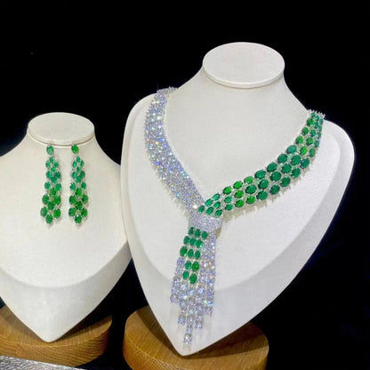 Luxury Blue 2 Piece Tassel Necklace Cubic Zircon Jewelry Set Women Wedding European Party Jewelry Set X0140