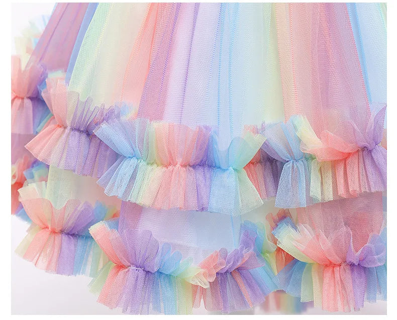 Vestido Longo de Festa de Casamento Unicórnio Arco-Íris para Menina Vestido de Performance de Dança de Personagem de Unicórnio para Festa de Aniversário de Menina Conjunto de Três Peças