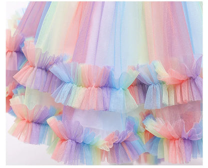 Vestido Longo de Festa de Casamento Unicórnio Arco-Íris para Menina Vestido de Performance de Dança de Personagem de Unicórnio para Festa de Aniversário de Menina Conjunto de Três Peças