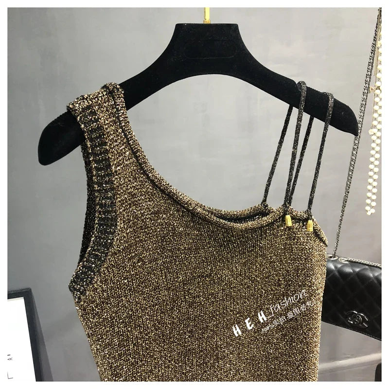 Summer New Sexy Inclined Shoulder Joker Sweater Vest Show Thin Shiny Bright Silk Easy Ins Condole Top Female