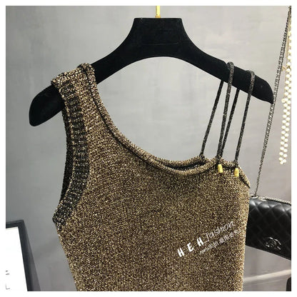 Summer New Sexy Inclined Shoulder Joker Sweater Vest Show Thin Shiny Bright Silk Easy Ins Condole Top Female