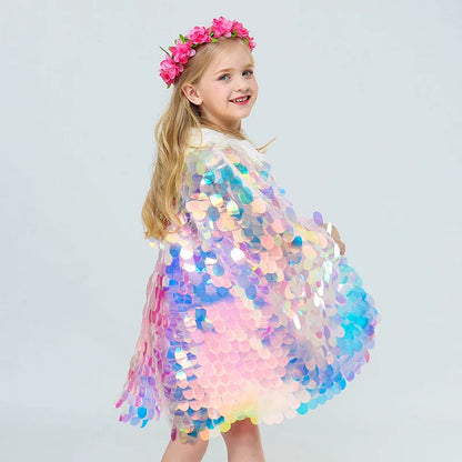 New Little Mermaid Princess Girls Sequins Cape Cloak for Beach Party Clothes Children Rainbow Shawl Cosplay Christmas Wear