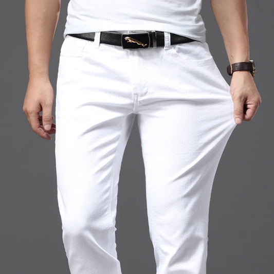 Men White Jeans Fashion Casual Classic Style Slim Fit Soft Trousers Male Advanced Stretch Pants