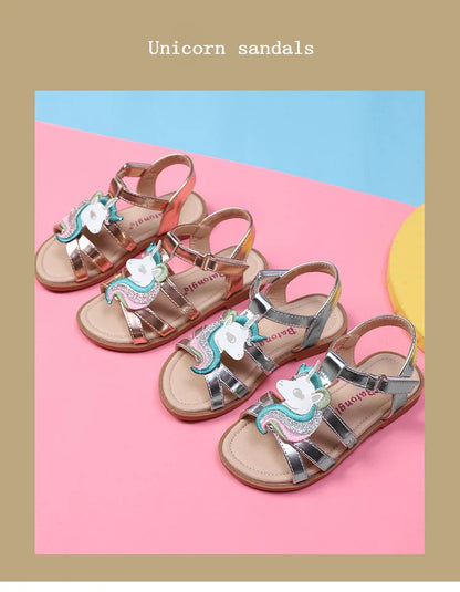 Unicorn girls sandals bright metallic kids girls sandals Adjustable customized fit princess summer shoes