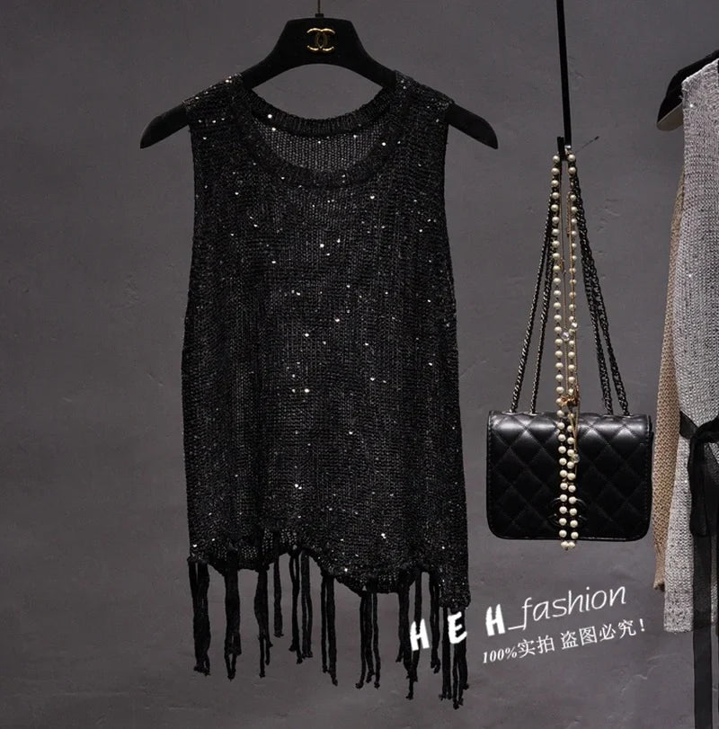 Sexy Shiny Gold Silver Knitted Tank Tops Women Bling Bling Sequined Tassels Knitted Vest  All Neon Store Clothes  Korean