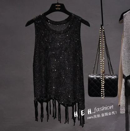 Sexy Shiny Gold Silver Knitted Tank Tops Women Bling Bling Sequined Tassels Knitted Vest  All Neon Store Clothes  Korean