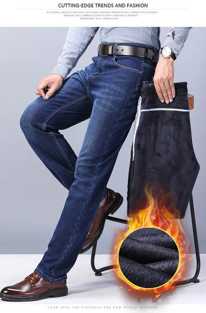 Winter New Men's Warm Blue Black Slim Jeans Classic Style Stretch Slim Fit Thick Pants Fashion Trousers Male Brand