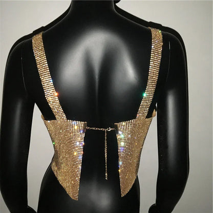 2025 Glitter Nightclub Backless Rhinestone Tank Top Women Sexy Metal Crystal Diamonds Sequined Night Club Party Wear Crop Top
