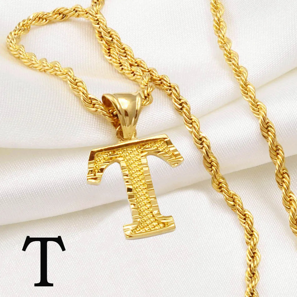 A-Z Letters Necklaces Women Men Gold Plated Initial Pendant Rope Chain English Letter Jewelry Alphabet African #058002B