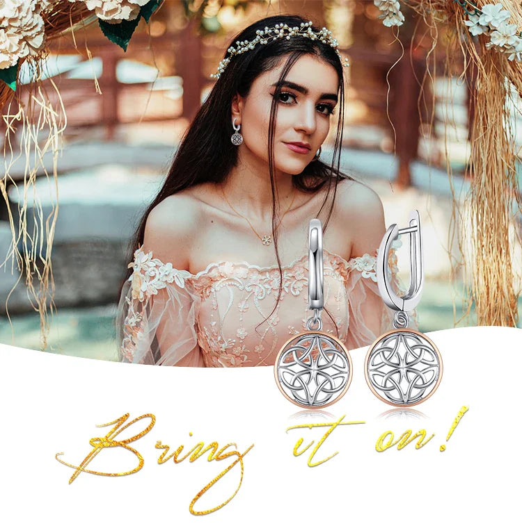 Celtic Knot Irish Rose Gold 925 Sterling Silver Hoop Drop Earrings for Women Fashion Circle Huggies Earrings
