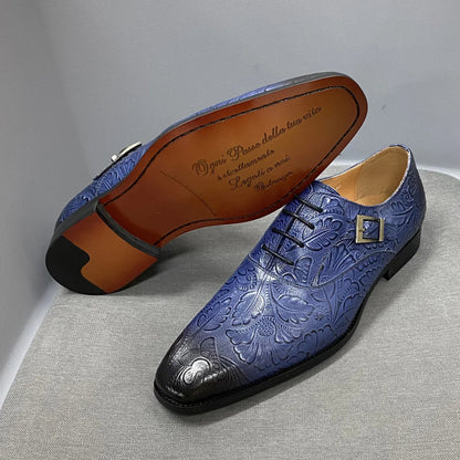 2022 Classic Men Oxford Dress Shoes Real Leather Flower Print Cap Toe Lace Up Buckle Blue Wedding Party Formal Footwear for Men