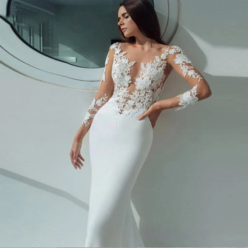 Customized Long Sleeves Mermaid Wedding Dresses White Sexy Illusion Neck Lace Appliques Elegant Bridal Dress Gown Beach Vestidos