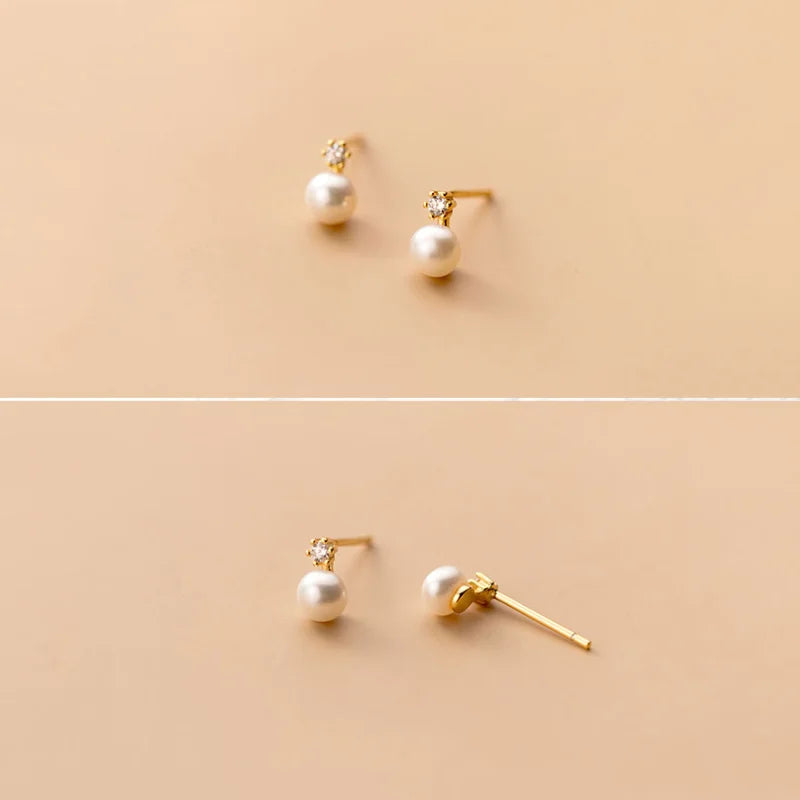 Genuine 925 Sterling Silver Geometric Zircon Pearl Mini Small Stud Earrings for Women Chic Charming Korean Jewelry 2021