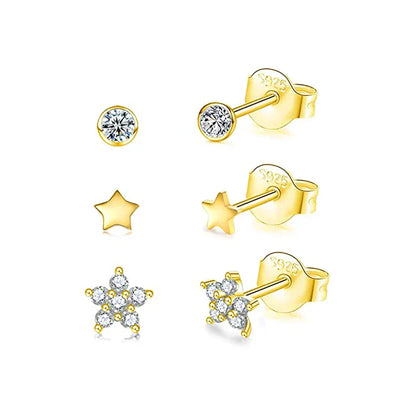 3pcs/set Bling Zircon Earring 925 Sterling Silver Cute Mini Heart Star Stud Earrings Ear Bone Earlobe Piercing Jewerly