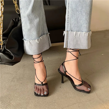 White Hollow Mesh Woman Pumps Sandals Square Toe High Heel Ankle Lace Up Cross-tied Party Dress Female Shoes