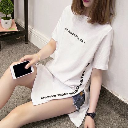 T shirts Summer Women Loose Slit Femme Tops  Tshirt Short sleeve Ladies t-shirt