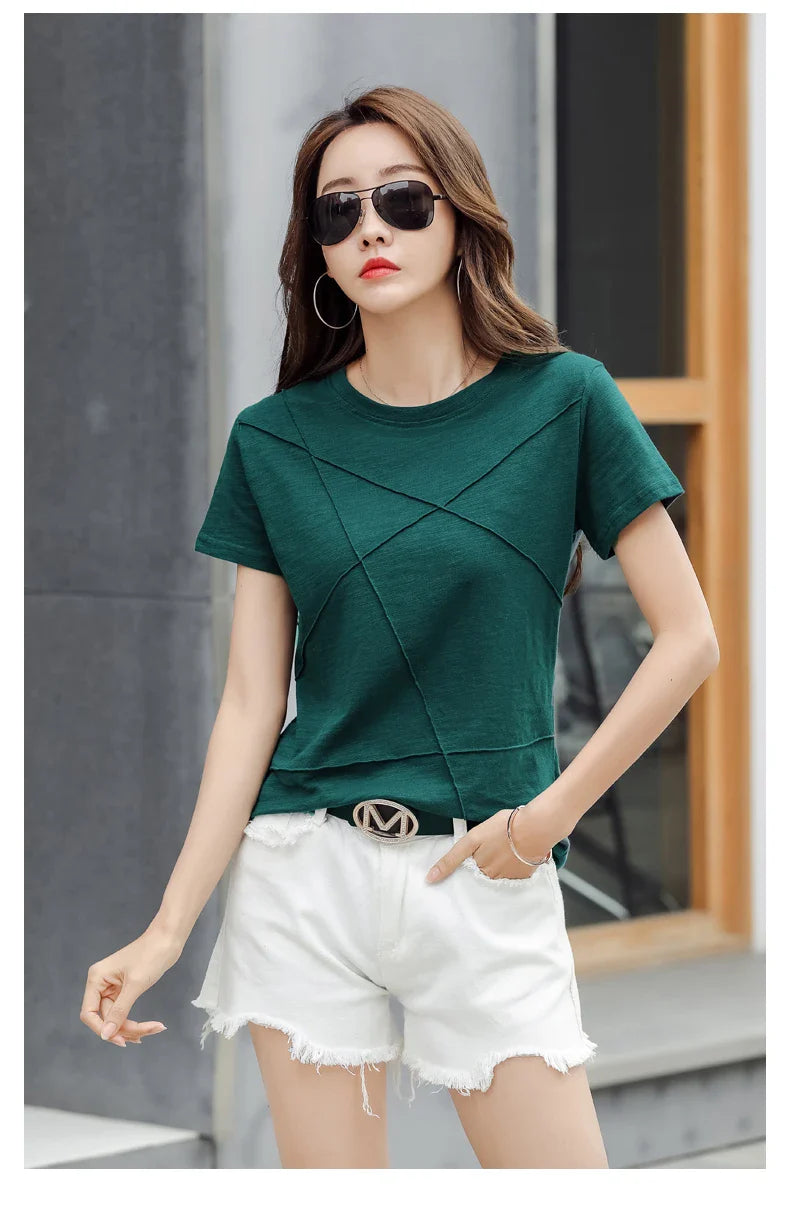 Summer Slim Cotton Bamboo T-Shirts Women 2026 O-Neck Short Sleeve Ribbed Tshirts Female Casual Solid Color Tops