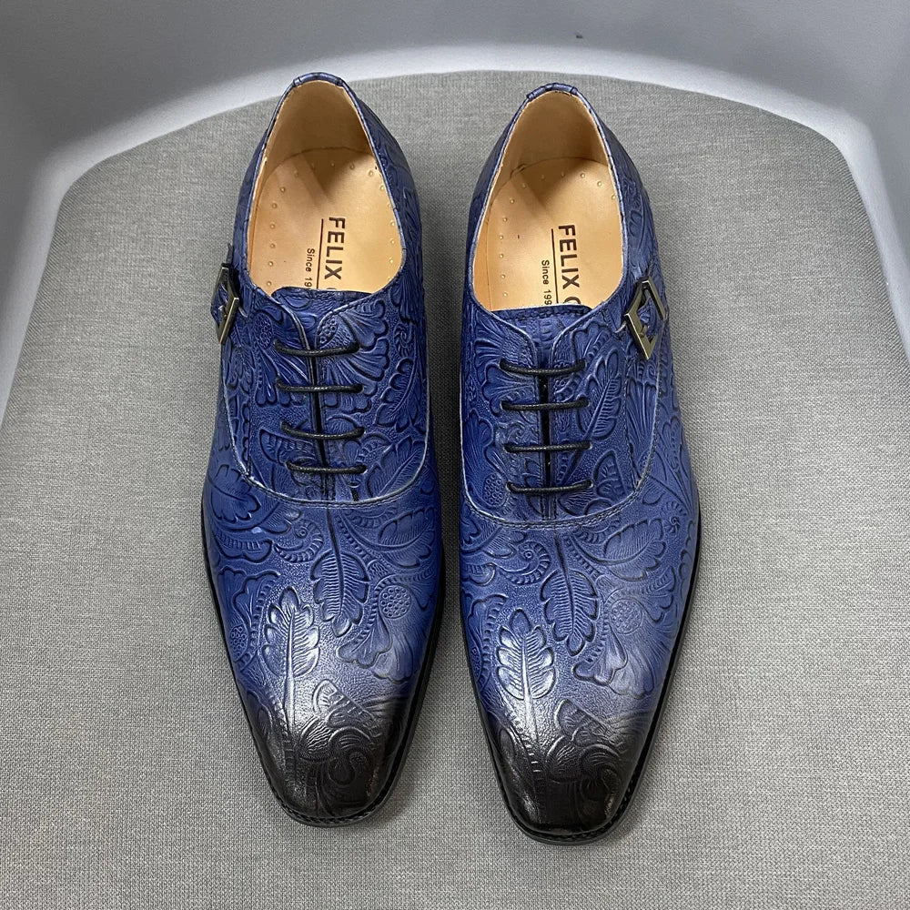 2022 Classic Men Oxford Dress Shoes Real Leather Flower Print Cap Toe Lace Up Buckle Blue Wedding Party Formal Footwear for Men