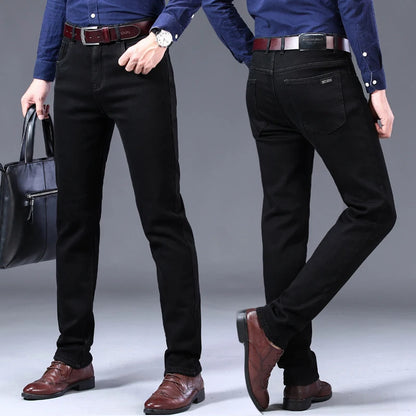 2023 Winter Men Black Blue Straight Stretch Denim Thick Velvet Pants Warm Jeans Casual Fleece Line Trousers Male Plus Size