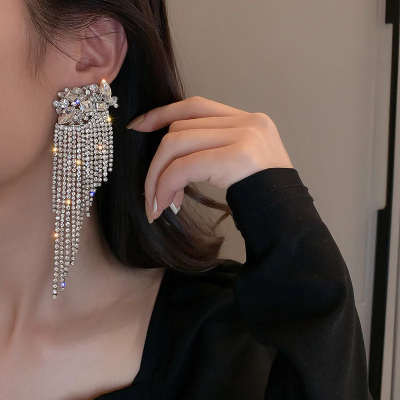 New Long Tassel Geometric Drop Earrings for Women Oversize Flowers Crystal Dangle Earrings Statement Jewelry