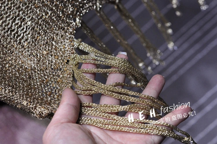 Sexy Shiny Gold Silver Knitted Tank Tops Women Bling Bling Sequined Tassels Knitted Vest  All Neon Store Clothes  Korean