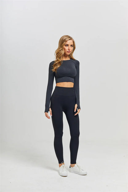Women Seamless Yoga Set Fitness Sports Suits Gym Clothing Long Sleeve Crop Top Shirts High Waist Running Leggings Workout Pants