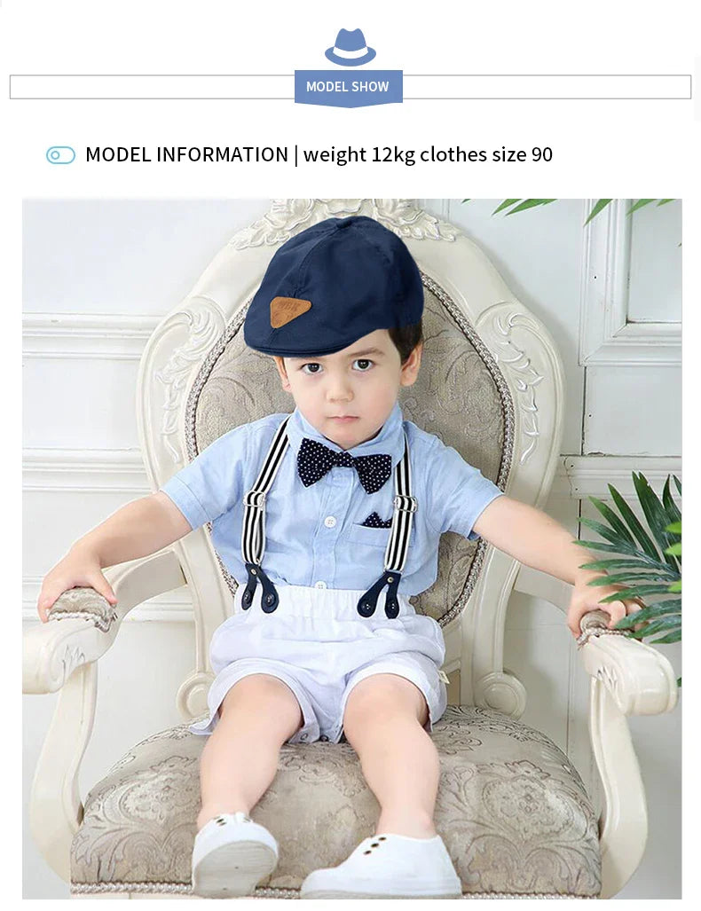 Solid Newborn Baby Boy Outfit Set Bow Formal Gentleman Suit for Toddlers Summer Sky Blue Romper + White Shorts Clothes for Baby