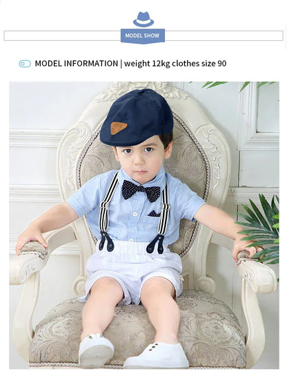 Solid Newborn Baby Boy Outfit Set Bow Formal Gentleman Suit for Toddlers Summer Sky Blue Romper + White Shorts Clothes for Baby