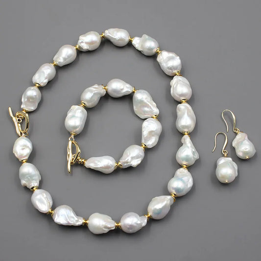 GG Natural Freshwater Cultured White Keshi Baroque Pearl Necklace Bracelet Earrings Sets For Women Lady Fashion