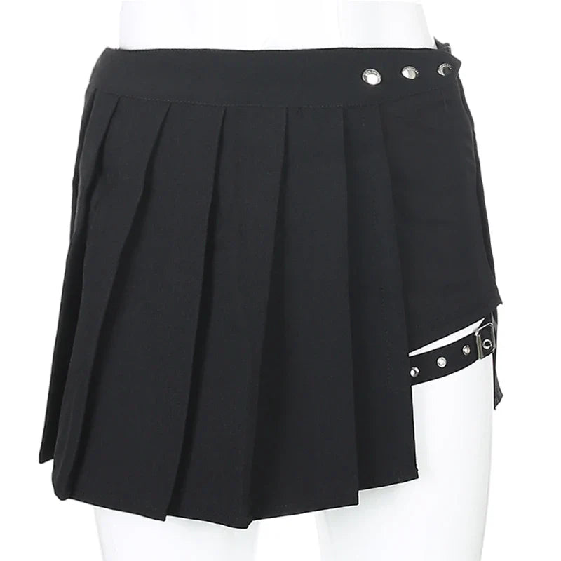 Summer Harajuku Punk Style Plaid Irregular Skirts Women Asymmetrical High Waist Black Skirts Pleated Girls Gothic Half Skirts