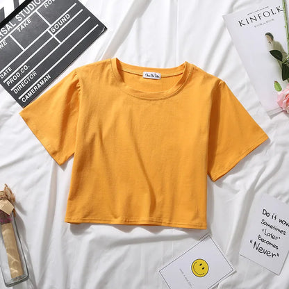 Summer Short Sleeve T Shirts Women  Solid T-shirt O Neck High Waist Crop Top Tee Female Casual Loose T Shirt