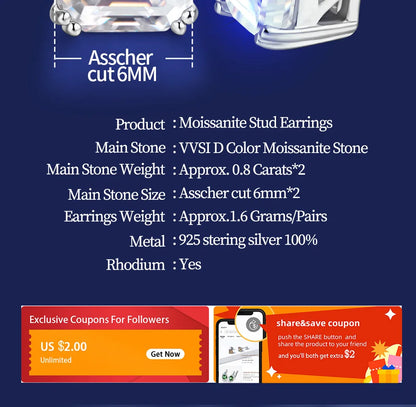 Total 0.8ct 6.0mm Moissanite D Color VVS1 Asscher Cut 18K White Gold Plated Earrings Jewelry Woman Girlfriend Gift
