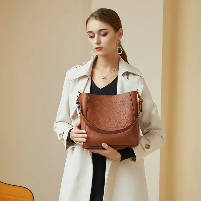 Genuine Leather Casual Shopper Shoulder Bag Commuter Large Bucket Handbag Simple High Quality Women Tote Underarm Bags