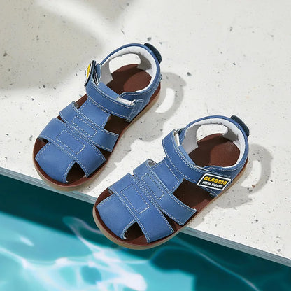 Children frosted genuine leather beach sandals boys barefoot non-slip sandals with cowhide lining baby soft Navy blue sandals