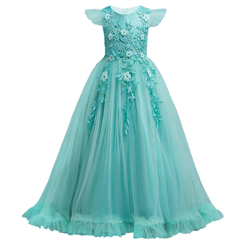 Kids Dresses Flower Lace Formal Sleeveless Long Dresses For Girls Princess Costume Girls Wedding Dresses Clothing 4-15Years