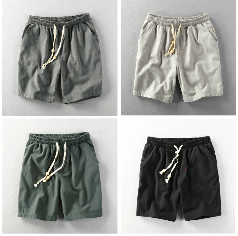 Summer Men Casual Cotton Linen Shorts Knee Length Beach Elastic Waist Shorts Solid Color Comfortable Pants New