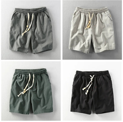 Summer Men Casual Cotton Linen Shorts Knee Length Beach Elastic Waist Shorts Solid Color Comfortable Pants New