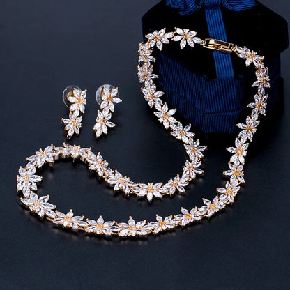 Marquise Floral Cubic Zirconia CZ Crystal Necklace and Earring Wedding Bridal Jewelry Sets
