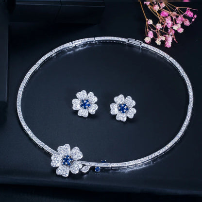 Druzy CZ Stone Big Red Flower Wedding Bridal Choker Necklace and Earrings Party Costume Jewelry Sets for Brides T0518