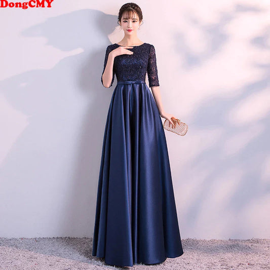 New 2025 Long Formal Evening Dresses Elegant Lace Satin Navy Blue Vestidos Para Mujer Women Party Gown