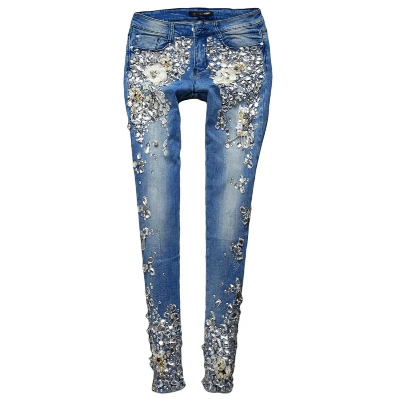 Fashion Vintage Women Luxury Embroidered Flares Diamond Denim Jeans Women Beaded Skinny Slim Fit Stretch Pencil Pants Trousers