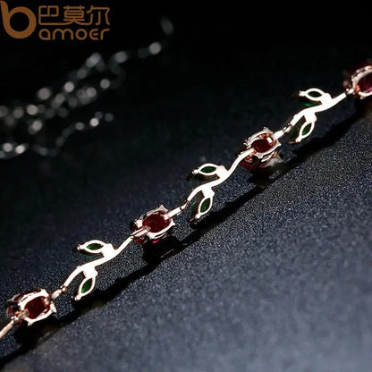 Rose Gold Color Leaf Chain & Link Bracelet with Red + Green AAA Zircon for Mother Gifts Jewelry JIB072