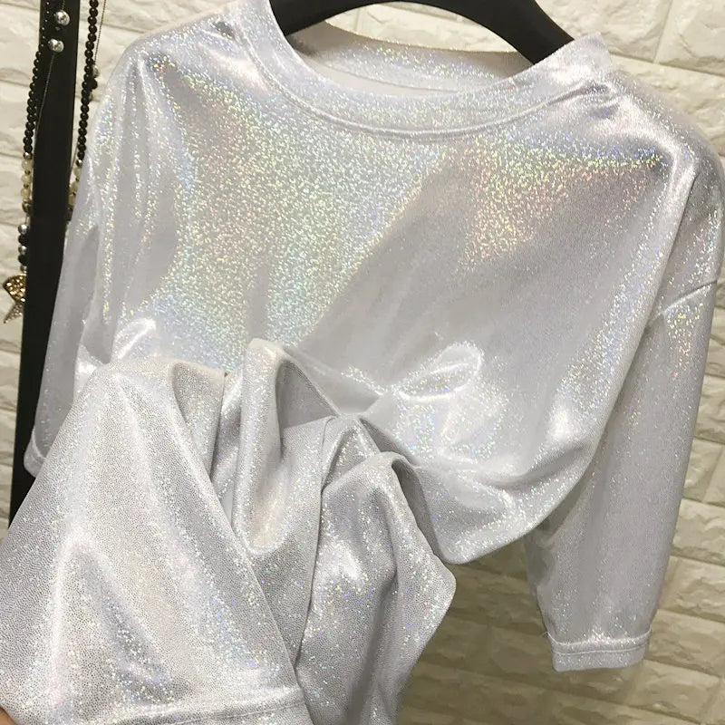Summer woman tops shiny loose short sleeve t-shirt sexy club aesthetic harajuku women stylish bright silk tshirt