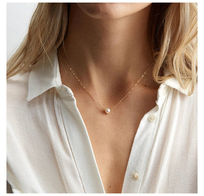 e-Manco Stainless Steel Choker imitated  Pearl Necklaces for Women Gold Color Layered Chain Necklace Jewelry