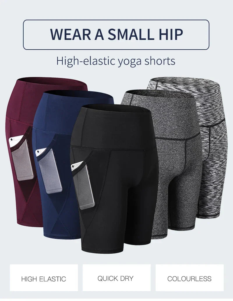 2023 Summer Gym Shorts Women High Waist Compression Quick Dry Yoga Shorts femme Fitness Running Push Up Shorts Pockets Design