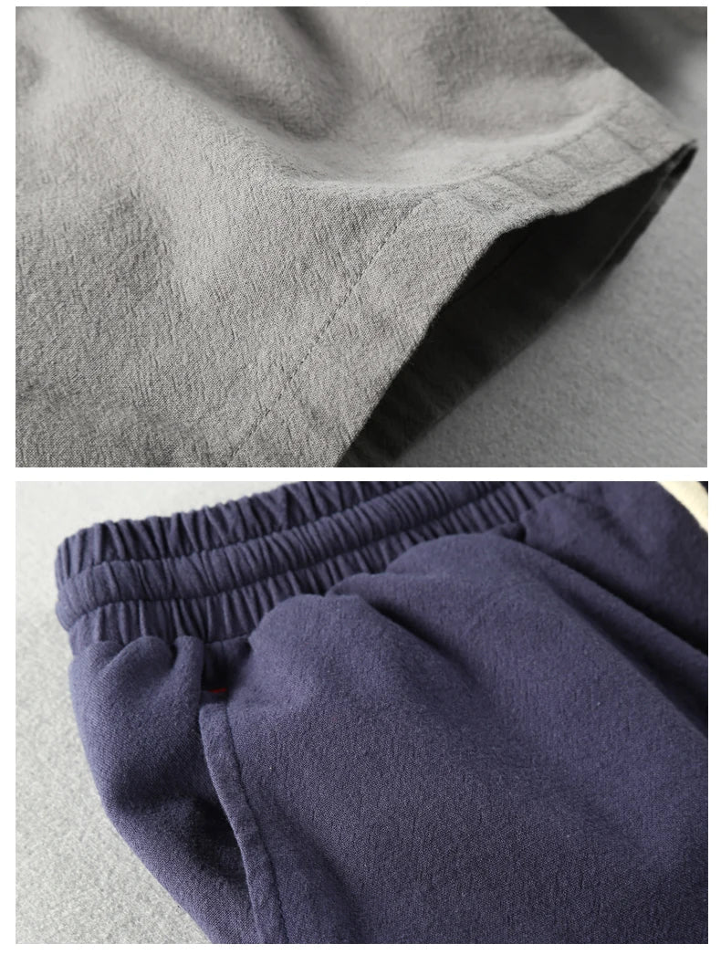 Summer Men Casual Cotton Linen Shorts Knee Length Beach Elastic Waist Shorts Solid Color Comfortable Pants New