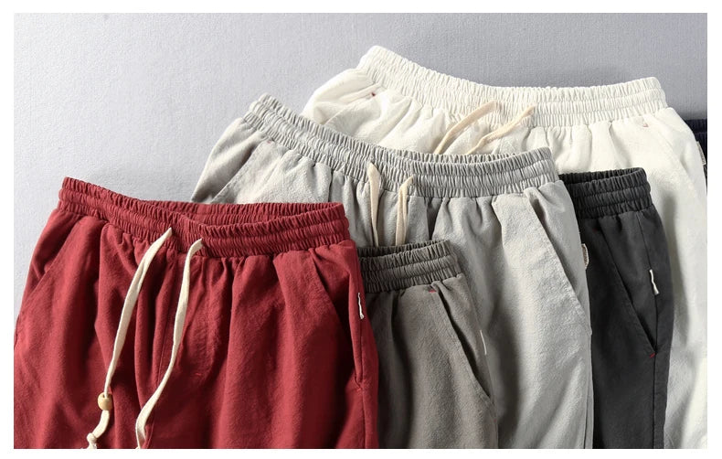 Summer Men Casual Cotton Linen Shorts Knee Length Beach Elastic Waist Shorts Solid Color Comfortable Pants New