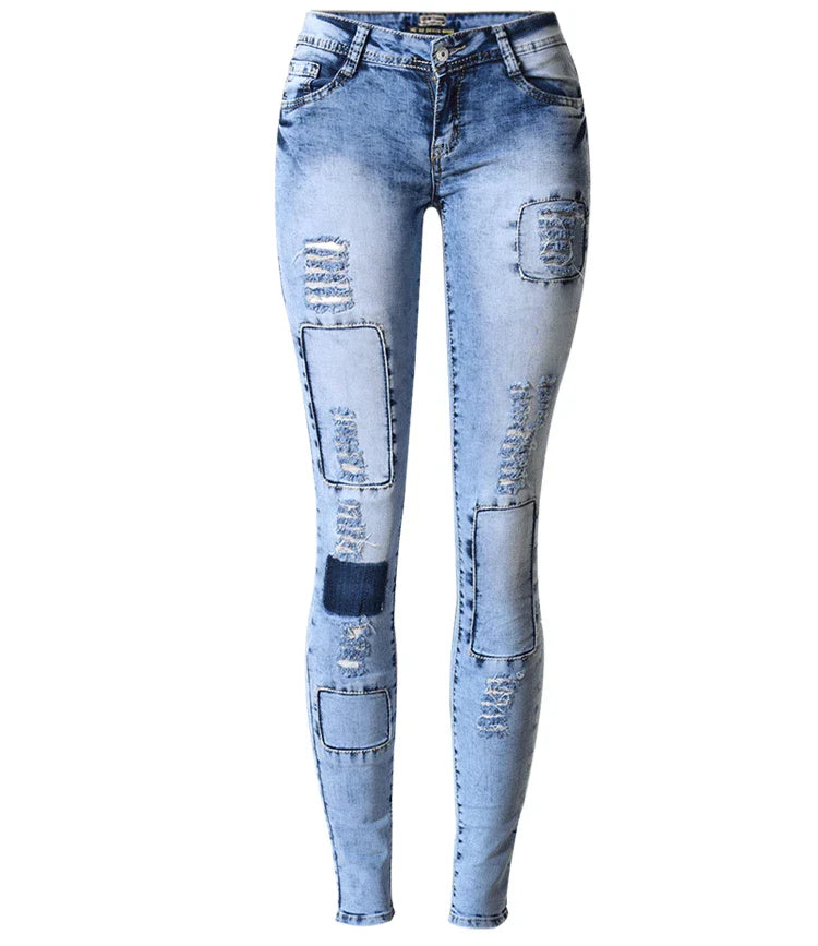 Low Waist Sky Blue Patchwork Skinny Tights Women